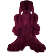 Women's Trailing Long Dress Feather Flared Sleeves Dress Perfect For Bachelorette Parties-qq Wine red M