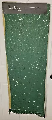 NICOLE MILLER TABLE RUNNER GREEN GOLD SEQUIN FRINGE HOLIDAY 16 X 90 NWT