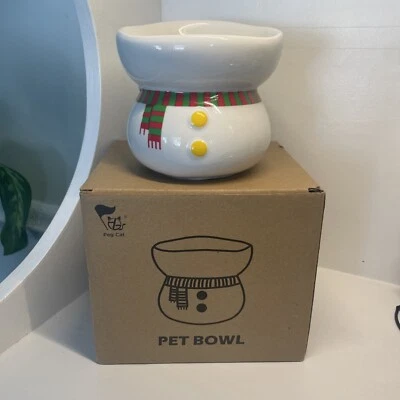 snow man pet water food bowl cat small dog ceramic