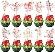 Gyufise 36Pcs Dragon Cupcake Toppers Dragon Baby Shower Decorations Dragon Cupcake Picks for Cartoon Fantasy Dragon Theme Kids Birthday Party Cake Decorations Pink