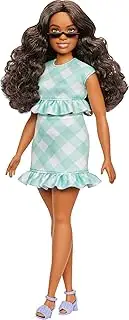 [Barbie] Fashionistas Doll #240 with Wavy Dark Brown Hair Wearing Minty Green Ruffled Gingham Dress, Sunglasses and Lavender Heels Accessories