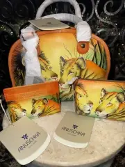 NWT~Anuschka Handpainted Leather PURSE HANDBAG~Lions In Love~Set of 3 w/ Dustbag