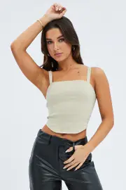 Camel Corset Crop Top Straps Shirring Back - Size 14, Women's Cami