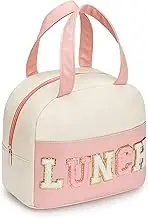 Lunch Bag for Women Insulated Lunch Bag for Men PU leather Small Lunch Bag for Office Work lunch Bag with Chenille Letters Leakproof Freezable Cooler Bag Reusable Portable Lunch Box (White&Pink)