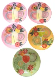 Summer Drinks Melamine 6" Plates Tidbit Appetizer Dessert Set of 5 Pink Lemonade