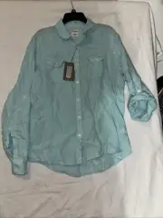 Murano Baird McNutt Slim L Shirt Blue Lightweight 100% Linen Button Roll Tab NWT