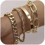 [fxmimior] Dainty Boho Gold Silver Chain Bracelets Set for Women Adjustable Fashion Beaded Chunky Flat Cable Chain Punk Bracelets Jewelry for Women Gift Set of 4