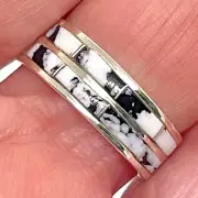 Navajo White Buffalo Turquoise Two Stack Ring Band Sz 8.25 Sterling CJ Kyle 1/4"