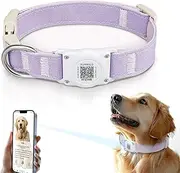 Airtag Dog Collar QR Code - IP68 Waterproof Integrated Air Tag Dog Collar Holder ID Tag - Free Pet Online Profile - Durable Natural Cotton Hemp - Fits for Small Medium Large Dogs (Purple, L)