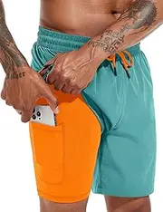 [Atforna] Men's Long 2-in-1 Swimming Shorts with Compression Quick-Drying Breathable Swim Shorts with Zip Pocket Adjustable Drawstring, Sapphire Blue, XX-Large
