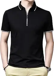 [VgueElegc] Men's Slim Muscle Workout Tee Casual Classic Quarter Zip Shirts Lightweight Short Sleeve Golf Collared Shirt, Black, X-Large