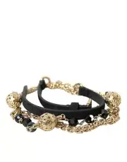 Dolce&Gabbana Women Gold Black Waist Belt Suede Leather Crystal Midi Chain Strap