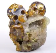 New 5.0" Agate Geode Carved Crystal Double Skull Sculpture, Crystal Healing