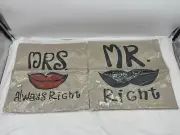 Set-2 Tweed Pillow Cases MR. Right & MRS. Always Right 17x17 Cover Lips Mustache