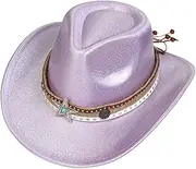 [Lirixus] Western Style Cowboy Hat,Fashion Cowboy Hat Unisex Glitter Wide Brim Hat with Stars Breathable Sun Hat,Cowgirl Hat for Festivals Fancy Dress Cosplay Music Concerts Purple