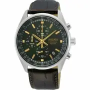 Seiko Chronograph Quartz Green Dial Gold Hands Indices Men's Watch SSB385