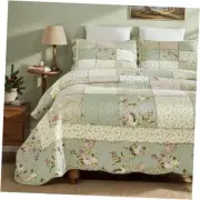 Patchwork Quilts Queen Size Cotton Green Rose Floral Green Country Garden