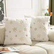 LIGICKY Set of 2 Fluffy White Faux Fur Pillow Covers with Gold Sequin Snowflakes Throw Pillows Decorative Soft Furry Sparkling Square Cushion Cases for Sofa Bedroom Party Décor, 18 x 18 inch