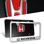 NEW 3D Red HONDA Emblem Front + Back Stainless Steel License Plate Frame w/ Caps