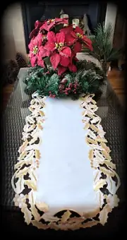 Embroidered Dresser Scarf Doily Christmas Gold Mistletoe 34" Table Runner