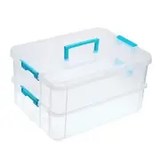 2-Tiers Stack Carry Storage Box With Handle, Transparent Stackable Blue