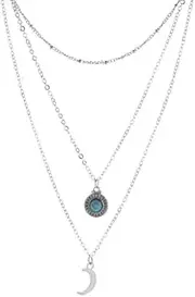 [Generic] Vintage Layered Moon Pendent Necklace Silver Turquoise Choker Necklace Crescent Moon Necklace Ethnic Turquoise Necklace Jewelry for Women