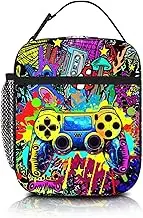 Video Game Lunch Box, Reusable Cool Gamer Slogan Game Theme Lunch Bag with Adjustable Shoulder Strap, Durable Lunch Tote Bag for Kids Boys Girls Men Women
