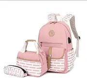 MITOWERMI Canvas Backpack Set Girls Bookbags Set 3 in 1 College Laptop Backpack Striped Prints with Lunch