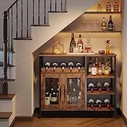 X-cosrack Wine Bar Rack Cabinet with Detachable Wine Rack, Coffee Bar Cabinet with Glass Holder, Small Sideboard and Buffet Cabinet with Mesh Door, Rustic Brown, Large
