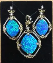 Sterling Silver Gold Vermeil Blue Green Gilson Opal Earring & Pendant Set