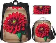 3pcs Backpack Sets, Wooden Board Retro Flower Red Dahlia Printed Backpacks Set With Lunch Bag Pencil Pouch