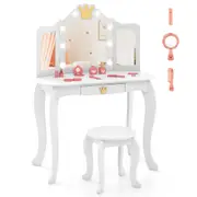 Babyjoy Kids Vanity Set Princess Dressing Table & Stool w/Tri-folding Mirror Wooden Makeup Table White