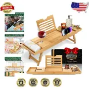 Natural Bamboo Bath Caddy Tray with Folding Arms - Perfect for Bath or Bed