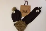 Women's Muk Luks Knit Scarf with Hand-Warmers and Hat in Eggplant and Faux Fur