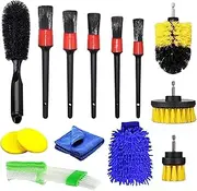 Labymos 14PCS Car Detailing Brush Kit Set 5 Detail Brush 3 Drill Brushes 2 Car Wash Sponge Vent Brush Microfiber Mitt for Auto Interior Exterior Detailing Cleaning