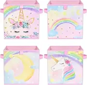WERNNSAI Cube Storage Bins - 4 Pack Fabric Foldable Storage Cube Organizer for Kids Decorative Storage Baskets with Handles 11" x 11" Home Closet Nursery Room Bedroom (Unicorn)