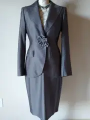 ESCADA NWT Wool Silk Blend 2pc Suit Set Blazer Skirt Lined Gray Pink Strip 38