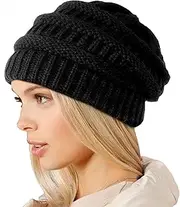 [Minicoco] Ladies Warm Slouch Knit Winter Beanie Hat with Super Soft Velour Thermal Lining Ski Cap Winter Warm Chunky Cable Knit Cap