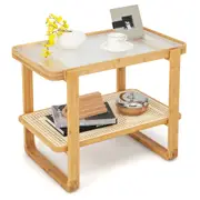 Giantex 2-Tier Bamboo Bedside Table Compact End Table Sofa Side Table w/Glass Tabletop & Rattan Shelf, Natural