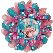 Simply Blessed Spring Watering Can Turquoise and Pink Wreath Handmade Deco Mesh