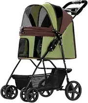 Pet Stroller 4 Wheels Foldable Strolling Cart for Small Medium Cats and Dogs Light Travel Carrier with Sunshade Canopy (Green M)