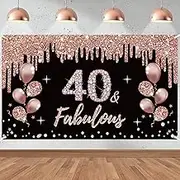 40th Birthday Decorations 40 & Fabulous Birthday Banner for Women, Rose Gold 40 Birthday Theme Sign Party Supplies, Forty Year Old Bday Background Photo Booth for Indoor Outdoor