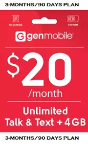 Gen Mobile Prepaid $20 Plan For 90 DAYS Unlt'd Talk/Text/4GB Data ($60 VALUE)