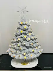 16 Inch White Ceramic Christmas Tree, Gold Scene , Clear Lights , Big Star