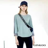 在飛比找momo購物網優惠-【GINKOO 俊克】色塊拼下襬條紋上衣