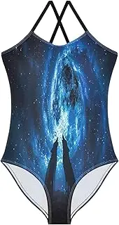 [RPLIFE] Wolves Howling Moon Night Space Child Girl Swimsuit with Adjustable Shoulder Strap, Beach Bathing Suits Girls, 3-10