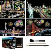 Scratch & Sketch Art for Teens & Adults, Rainbow Painting Night View Scratchboard(A4), Art & Craft, 4 Sheets Scratch Cards & Drawing Pen, Clean Brush (USA)