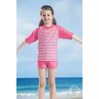 在飛比找蝦皮購物優惠-粉色橫條紋短袖兩件式兒童泳裝 孩童泳衣 短袖泳裝 兩件式泳裝