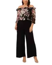 Adrianna Papell Plus Off-the-Shoulder Ruffle Jumpsuit Women's 16W Black Multi