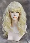 Human Hair Blend Long Pale Blonde Wavy Heat Safe Wig w. bangs wii 613